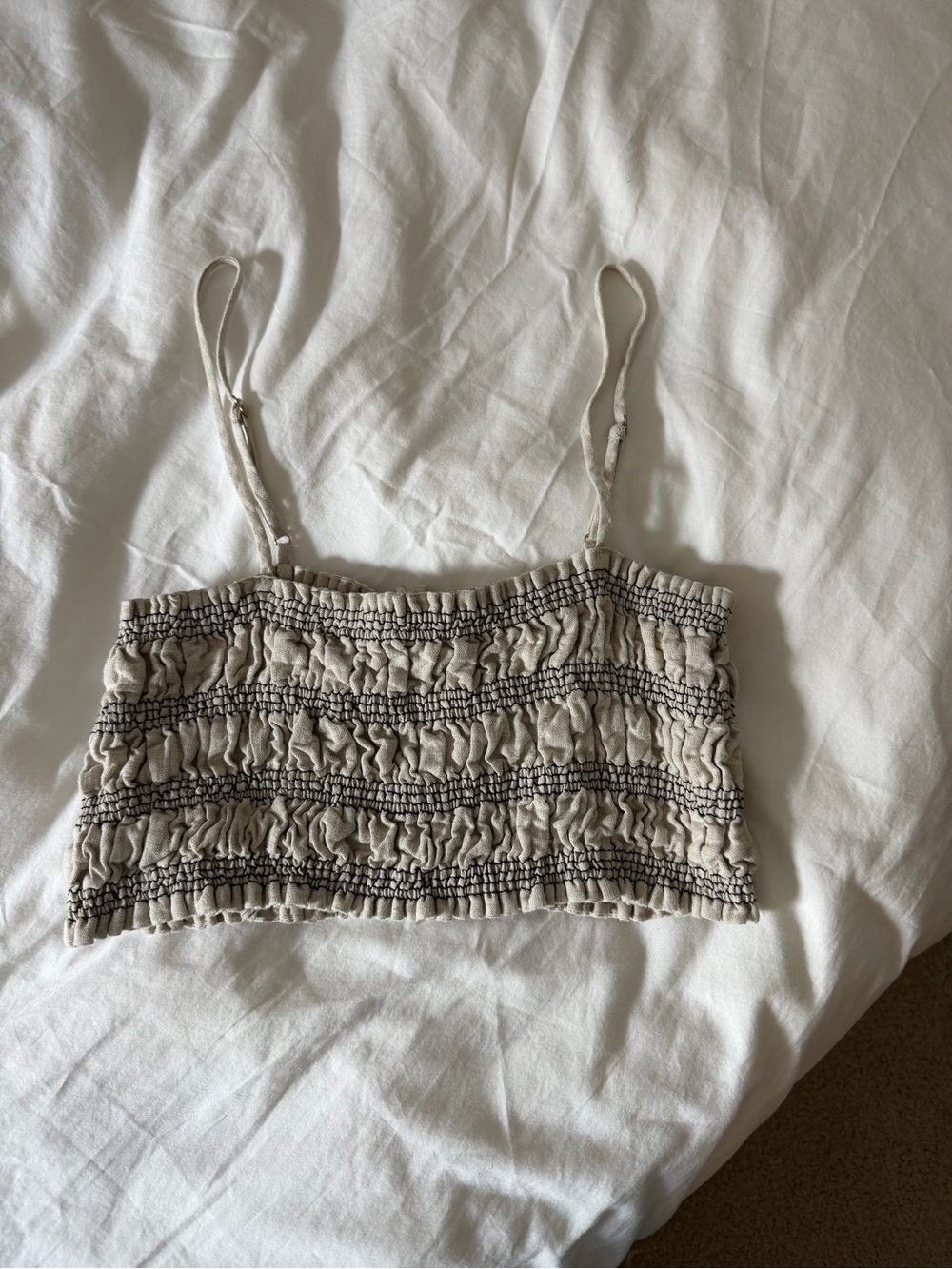 DISSH Smocked Spaghetti Strap Crop Top - Cream with Black Trim